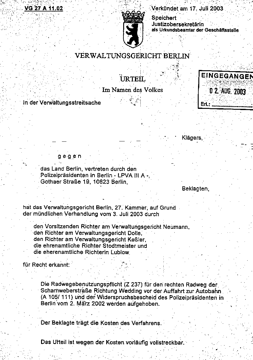 Urteil des VG Berlin vom 03.07.2003 - VG 27 A 11.02, Seite 1
